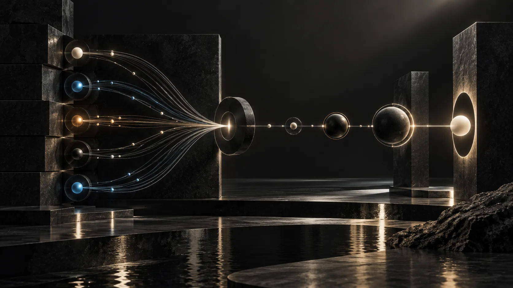 Separate signal lines from stone sources converging through a ring into one illuminated path.